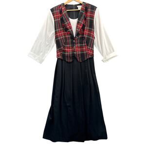 Lady Dorby Vintage Red Black Plaid Vest Shirt Set White Sleeve Dress Women 22W